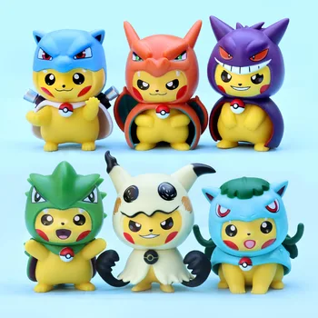 6шт джобни чудовища, аниме-фигурка на Kawai Pikachu в прикриване, фигурки от PVC, колекция за възрастни, кукли, играчки, подаръци