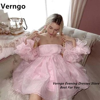 Verngo Rose Кратко выпускное рокля с открити рамене и деколте лодка принцеса Рокля от органза За бала Блестяща вечерна рокля дантела