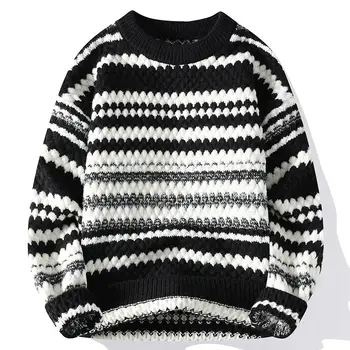 Елегантна мъжка мода Есен-зима, британски стил, тънки тенденция на ивици, обикновен пуловер с кръгло деколте, пуловер, всекидневни трико