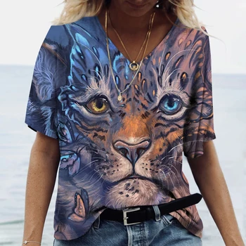 2023 Нова Женска Тениска С V-образно деколте И Шарките на Котка, Лятна Ежедневни Дишаща Освежаваща Дамски дрехи Оверсайз С Къс ръкав