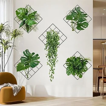 3D стикер за стена със зелени растения, Тропически растения в саксии, Набор от стикери за кухня, Спалня, баня, врати, прозорци
