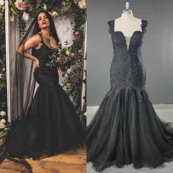 8707 # Реални снимки Черно Елегантна сватбена рокля с влак, дантелени апликации, в долната част на гърба, beading, сватбената рокля на Русалка за жени