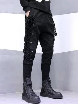 ARENS Techwear Мъжка Мода Черен Оригинален Дизайн, Индивидуалност Тъмен Дантела Колани, Бижута, Тънки Крака Зреещи