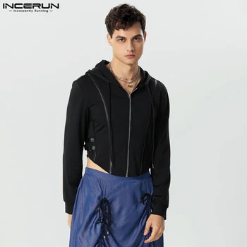 INCERUN Върховете 2023, Нова мъжки hoody с деконструктивным дизайн в американски стил, градинска дрехи за почивка, съкратен пуловер с качулка, Топли разпродажба, S-5XL