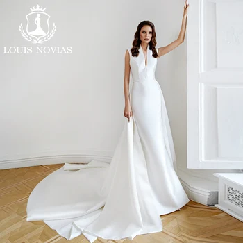 LOUIS NOVIAS 2 В 1 Сватбена рокля Русалка 2023 С V-образно деколте и Подвижна влак, Сватбената рокля По Индивидуален размер, Vestidos Novias De Saten