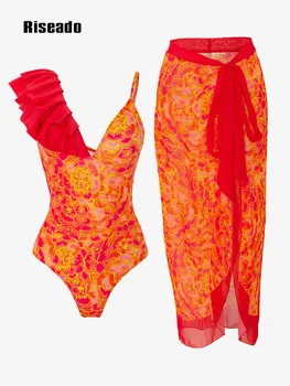 Riseado Червен Цял бански с флорални принтом и пола, бански с дълбоко деколте, женски бански костюм с рюшами, лятна плажно облекло 2023 г.
