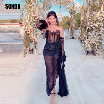 SONDR Секси Черни вечерни рокли на Русалка с дантела, Саудитски Арабски Женски мъниста, блестящи разрязващи Дълги вечерни рокли за бала в Дубай 2023