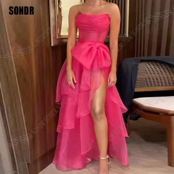 SONDR Сладко Розово лък, на няколко нива, вечерни рокли от органза, без ръкави, без презрамки, големи размери, рокли за абитуриентски бал, вечерна рокля за вечерни събития