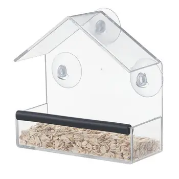 А за птици на прозореца Прозрачен къщичка Акрилни тава за хранене на птици с вендузата Голям капацитет Водоустойчив градина на открито
