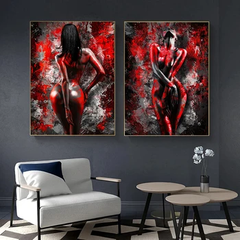 Абстрактна най-секси жена на Боди арт Платно Картина Черно Червено Графити Печатане на Стенни картина за хола Декорация на дома