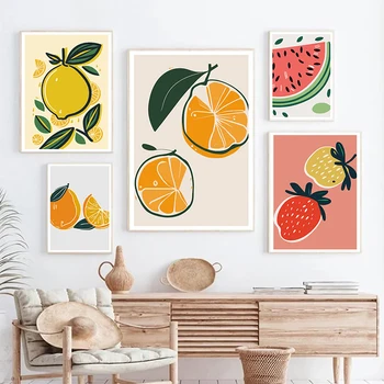 Абстрактни Акварели плодове, цитрусови плодове, Ананас, портокал, плакат и щампи, стенни художествена картина на платно за домашен интериор на трапезария