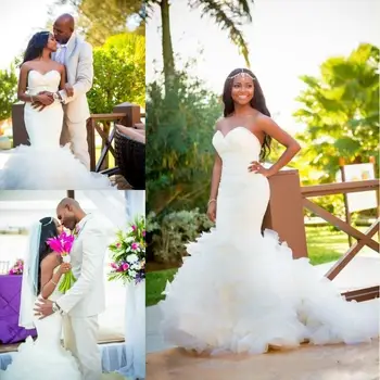 Африкански рокли русалка, скъпа мулти-пола от органза, струята с волани, сватбена рокля в стил Кънтри, плюс размера на сватбена рокля в селски стил