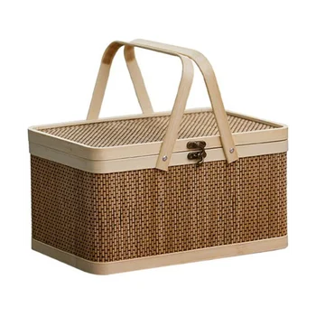 Бамбук кошница, Натурална кошница от ракита, Бамбук кошница за пикник с капак, Преносима кошница за съхранение на закуски, хляб