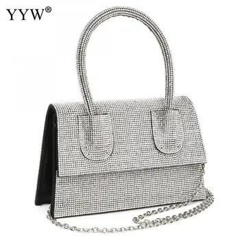 Банкетная чанта с блестящи диаманти женствена чанта-прашка, модни луксозни вечерни чанти, мини-чанти-пликове, дамски сребърен чанта с горната дръжка