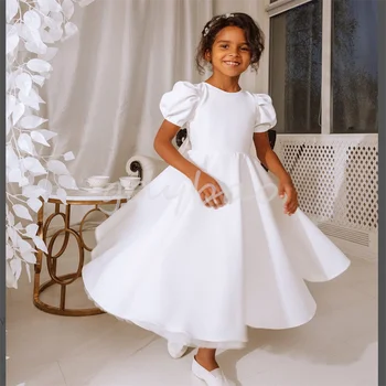 Бели буйни дантелени рокли за момичета-цветочниц за сватба, Тюлевые Елегантни бални рокли, Театрална парти за Първия Св. Причастие, Детски рожден Ден