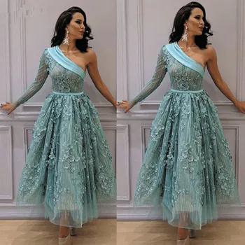 Бирюзово-сини рокли за абитуриентски бал с 3D цветове, къси 2023, арабски Елегантни рокли за абитуриентски бал с дантела аппликацией на едно рамо, халат soiree de