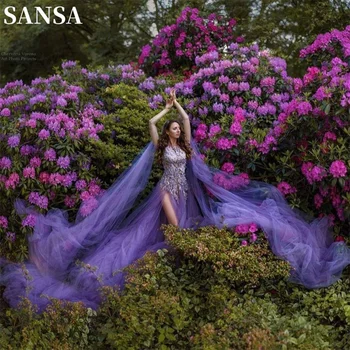 Выпускное рокля Санса Spirit с Лилаво ръкав - Нос, Страхотна Дълга рокля С Опашка 2023, Лейси бродерия На гърдите, Vestidos De Noche
