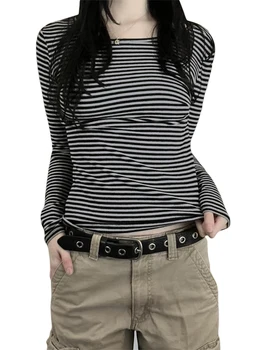 Дамски ежедневни тениска черна ивица с дълъг ръкав и кръгло деколте, плътно прилепнали потници