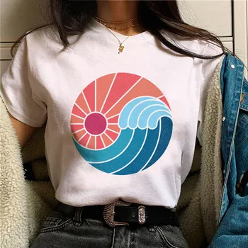 Дамски тениски с изображение на слънце и море, дизайнерски дрехи в стил аниме харадзюку Y2K top girl