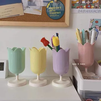 Държач за химикалки с цветя Лалета, Мультяшная Скъпа Креативна Момиче-Студентка, Мултифункционален Съхранение на Офис-Канцеларски материали