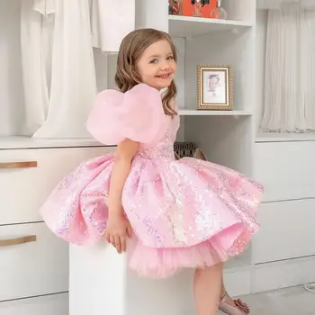 Елегантна розова рокля с аппликацией от пухкав тюл и пайети за момичета в цветенце на сватба, детски рокли за евхаристията за рожден Ден
