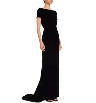Елегантни дълги вечерни рокли от черен крепа с русалочьим деколте лодка и влак, вечерна рокля за абитуриентски бал за жени