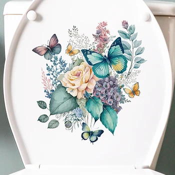 Етикети за тоалетна, Акварелни стикери за стена с пеперуди-божур, Издръжлив и Водоустойчив декор за баня с самоуправление пеперуда
