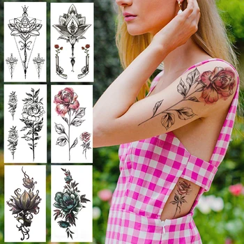 Изкуствена временна татуировка с геометричен цветя, Рози, за децата и жените, Творчески Акварели татуировка във формата на Лотос, Етикет, татуировка на тялото, Талията, Ключицата