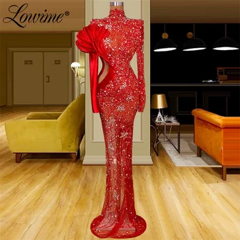 Илюзия ниско ниво на Червени вечерни рокли за конкурса на Русалка с дълги ръкави Сватбени рокли за партита, Плюс Размера на кристали Рокли за бала 2022