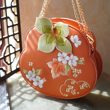 Китайската чанта-месинджър с бродерия, дамска кожена чанта на верига кръгла форма, дамская чанта, дамска чанта за през рамо в ретро стил с цветя за момичета