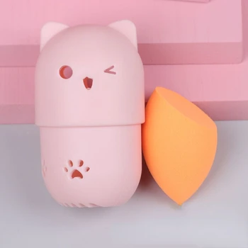 Котешки силикон притежателя гъба за грим Кутия за съхранение с Beauty Egg Портативна компактна пудра Подходящи за основа за сушене на грим Седалките Аксесоари
