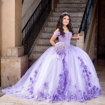 Лилавата буйни принцесата рокли, Бална рокля с открити рамене, апликации, цветя, сладкиши, 16 рокли, 15 Мексикански облекло