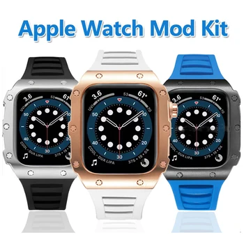 Луксозен комплект модификация на Apple Watch Series 8 7, 45-мм корпус от неръждаема стомана, каишка от каучук за iWatch 6 SE 5, 44 мм капак и ремък