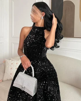 Лъскава черна рокля за абитуриентски бал с пайети 2024, Саудитска Арабия, Елегантни дамски официални рокли трапецовидна форма, къси вечерни рокли.