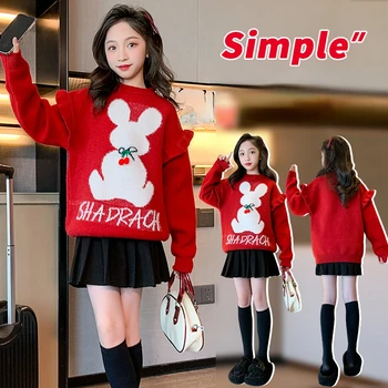 Модерен вязаный пуловер с анимационни принтом за момичета, есен-зима, детски Червен Пуловер, Дрехи, топ, детски костюм 6, 8, 10, 12, 14 години