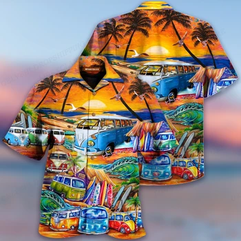 Мъжка риза Vocation Bus, Риза с 3D Принтом, Мъжки Модни Ризи, Однобортная Хавайска Риза С Къс ръкав, Плажна Блуза С Стрелички, Дрехи