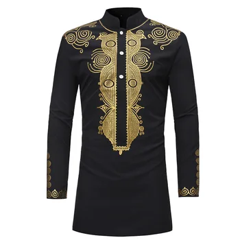 Мъжка риза с принтом в етнически стил, Близкия Изток, Индия, Класически дрехи, блуза с висока яка със средна дължина, модни и ежедневни мъжка риза