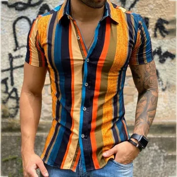 Мъжка стилна блуза копчета, Летни ежедневни блузи, Модни мъжки ризи с цветна ивица, модерен мъжки ризи с къс ръкав