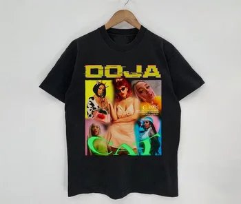 Мъжки черен памучен тениска Doja в ретро стил 90-те, топ с къс ръкав в неутрално музикален стил, женски универсален топ улична мода