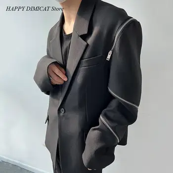 Мъжко яке с цип, мъжки костюми, палта, индивидуален дизайн, ежедневен Однотонная дрехи с дълъг ръкав с цип, тъмно облекло