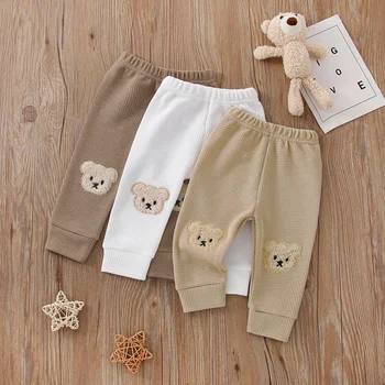 Панталони за малки момичета и момчета, панталони с еластичен ластик на кръста с аппликацией под формата на мультяшного мечка, ежедневни панталони от вафельного трикотаж за деца 0-3 години