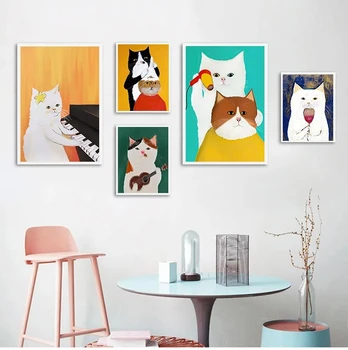 Плакати с мультяшными котки и картини, платно, масло, стенни рисунки за хол, детска спалня, домашен декор