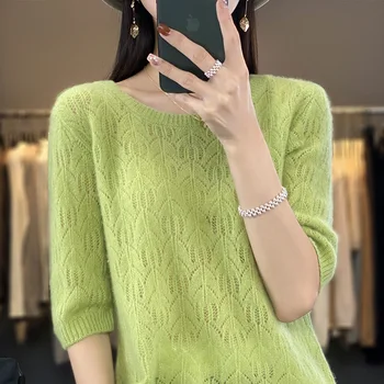 През пролетта и лятото на нов женски вязаный пуловер от 100% чиста вълна, с кръгло деколте, жилетка, модерен кухи топ, корейска версия