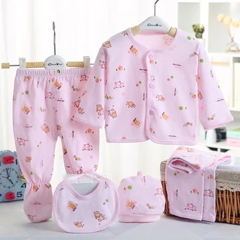 Пролетен комплект от 5 теми за новородено Топ + 2 броя Панталони + Шапка + чанта Мек памук дишаща детски костюм с анимационни принтом Детски дрехи