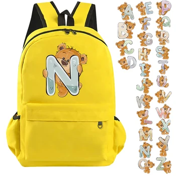 Раница Kawaii Bear с 26 английски букви за момчета и момичета, раница за ученици, Студентски Жълт училищен чанта, леки чанти