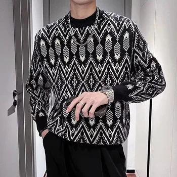 Реколта геометрични жакард възли блузи, мъжки блузи, Модерен Тънък вязаный скок с кръгло деколте и дълъг ръкав, ежедневни мъжки пуловери с дъното