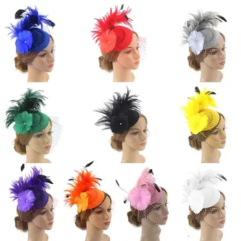 Реколта женски щипки за коса-фаты, цветни шапки, шапки за партита, Окото превръзка на главата с пера за младоженци, Сватбена превръзка на главата