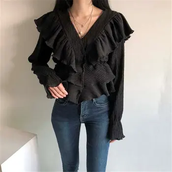 Реколта модни Нежна Тънка женска тениска с V-образно деколте 2021 г., Плиссированная риза в стил мозайка с волани, модерен топ с изгорени ръкави в корейски стил