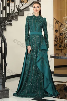 Сатен апликация с дълги ръкави, бродирани с мъниста Мюсюлмански вечерни рокли-hijabs в арабския Дубай, вечерна рокля с високо воротом, Марокански кафтан трапецовидна форма