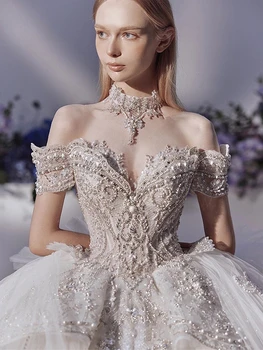 Сватбена рокля на принцеса с открити рамене, перлена огърлица, расшитое пайети, апликация от кристали, Винтажное сватбена рокля с дълъг влак
